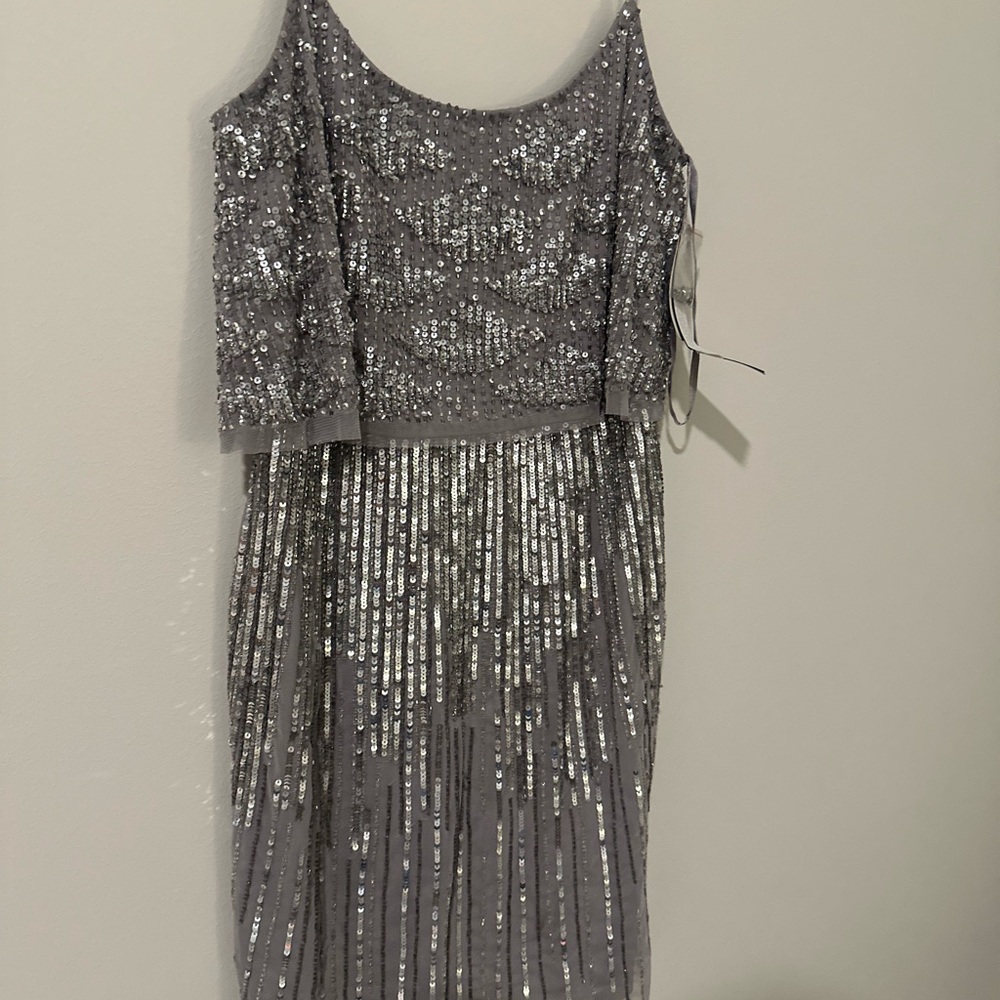 NWT Aidan Mattox  Silver Sequin beaded  Tiered Cocktail  Dress